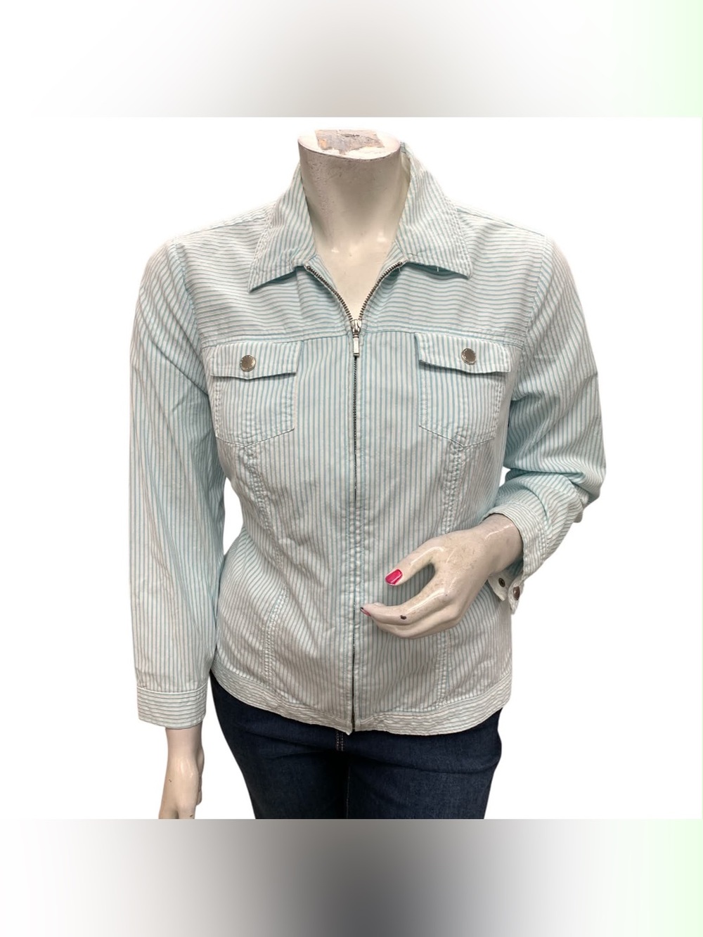 CJ Banks Light Blue & White Striped Zip-Front Jean Jacket Size Xl